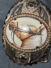 Vintage Oval Belt Buckle Horse Head Design Silver tone Metal USA Made