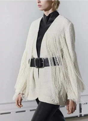 ZARA NEW WOMAN ZW COLLECTION TEXTURED FRINGE JACKET ECRU Size S Ref:4786/303 - Image 1 of 3