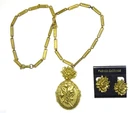 Signed CORO Goldtone Costume Jewelry Locket Necklace + Earring Set Vintage - 01
