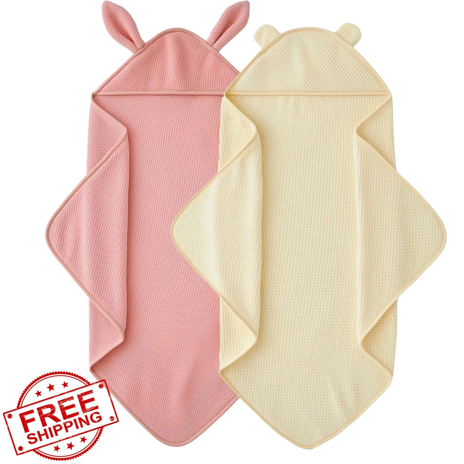 YUMKUKIM Baby Hooded Towel Pink and Beige Medium 2 Pack