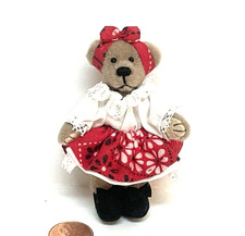 DOLLHOUSE MINIATURE HANDMADE GIRL TEDDY BEAR DRESSED IN RED  WHITE