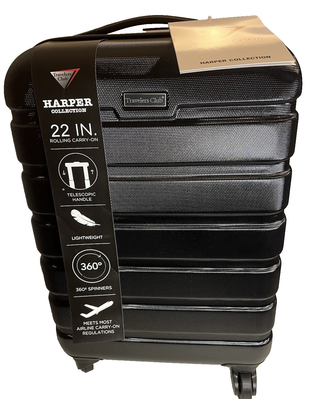 NWT Travelers Club Harper Collection Spinner Luggage,Black, 22-Inch Carry-On F/S