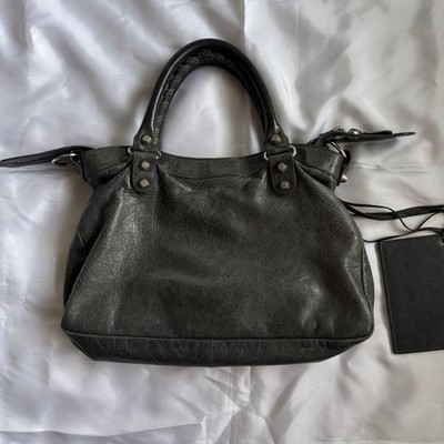 BALENCIAGA City Giant City Lambskin Handbag Gray Green Leather Bag