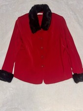 Elegant Red Skirt Suit Removable Fur Trim