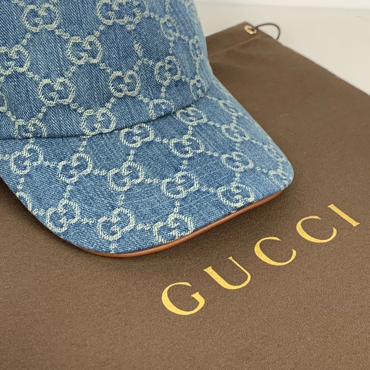 Gucci GG Monogram Logo Horsebit Denim Baseball Cap Hat Blue Size M
