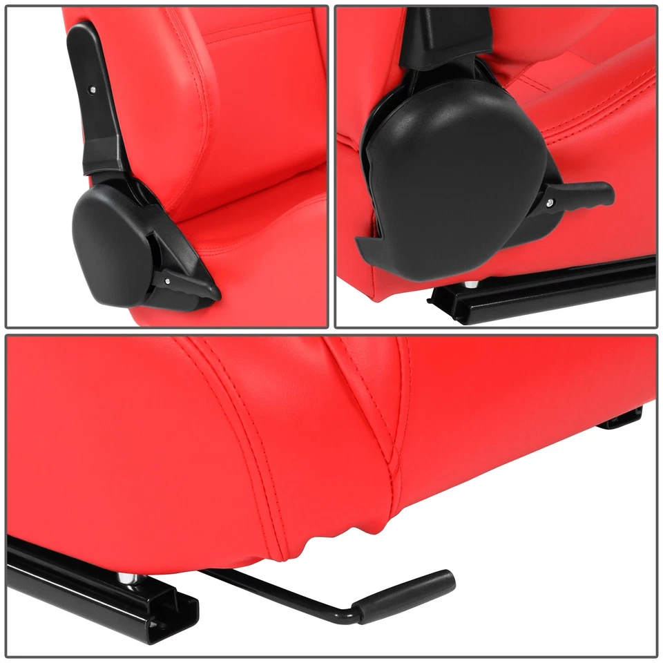 Pair Universal Red Vinyl Leather Adjustable Reclinable Racing Seats w/ Sliders Foto 4 de 4