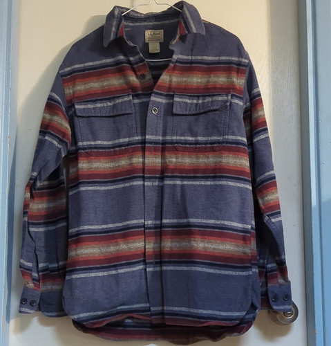 L.L.Bean Slightly Fitted M Regular Flannel Striped Shirt Blue Red Gray 521009