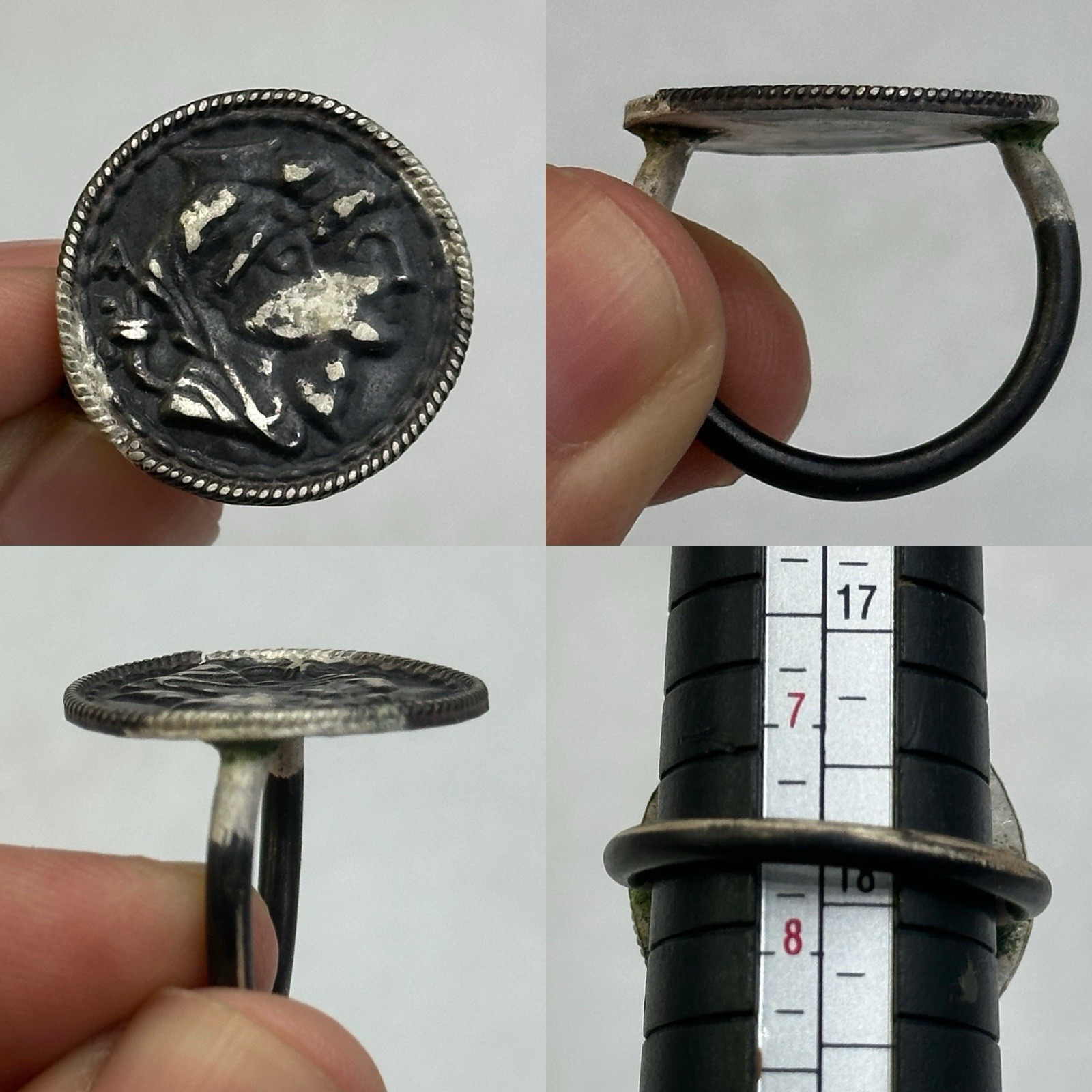 Maravilloso anillo de plata griego romano de colección con imagen del rey