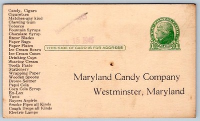 1945 MARYLAND CANDY CO WESTMINSTER MD COCA-COLA SYRUP PEPSI CIGARS GUM POSTCARD