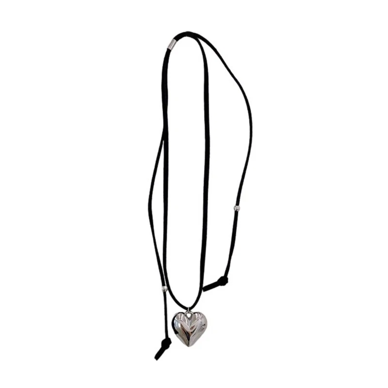 Korean Fashion Black Rope Necklace Women Adjustable Elegant Metal