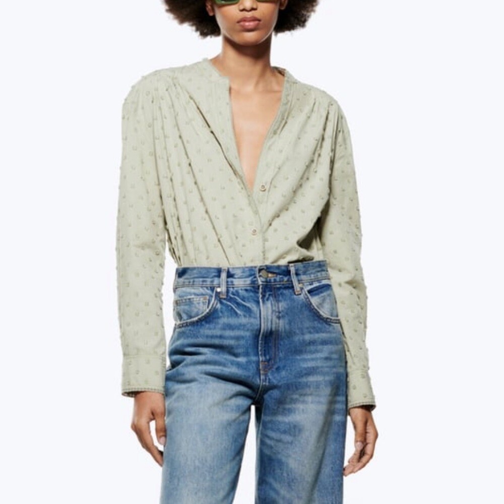 blouse plumetis chemisier plumetis zara Zara Cotton PLUMETIS BLOUSE WITH LACE TRIM in Light Green Medium