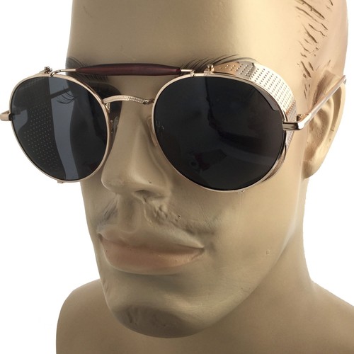 Mens Gold Vintage Retro Steampunk Gothic Side Shield Hipster Round Sunglasses - Photo 1 sur 7