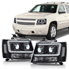 Dual LED Projector Headlights Black Fit For 07-14 Chevy Avalanche Tahoe Suburban