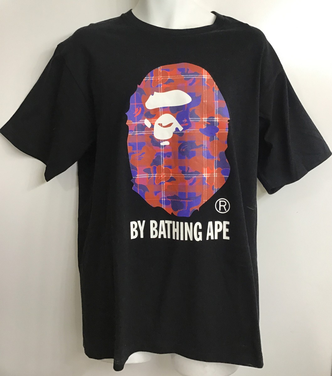 A Bathing Ape Men's T-Shirt Black Short Sleeve Red And Blue Ape