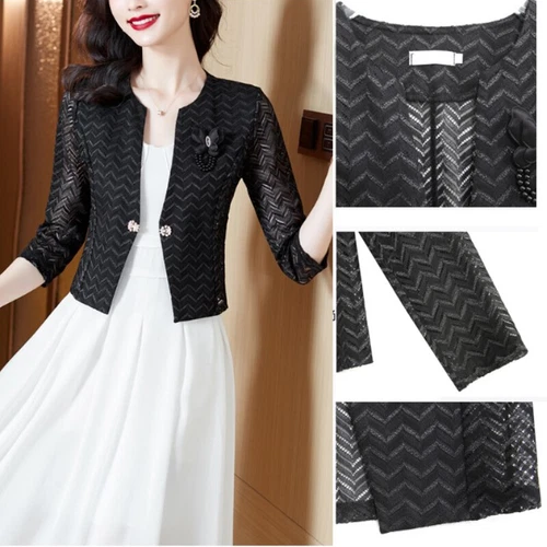 Lady Lace Suit Cardigan Jacket Hollow Cropped Shrug Short Shawl Coat Blazer Tops - Picture 8 of 14