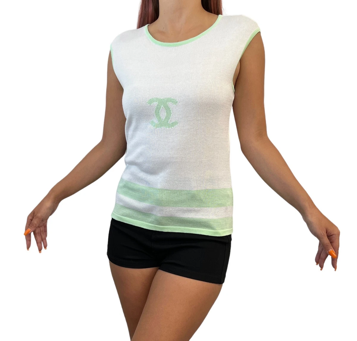 CHANEL Vintage 00S CC Logo Tank Top #38 White Green Cotton Rank AB