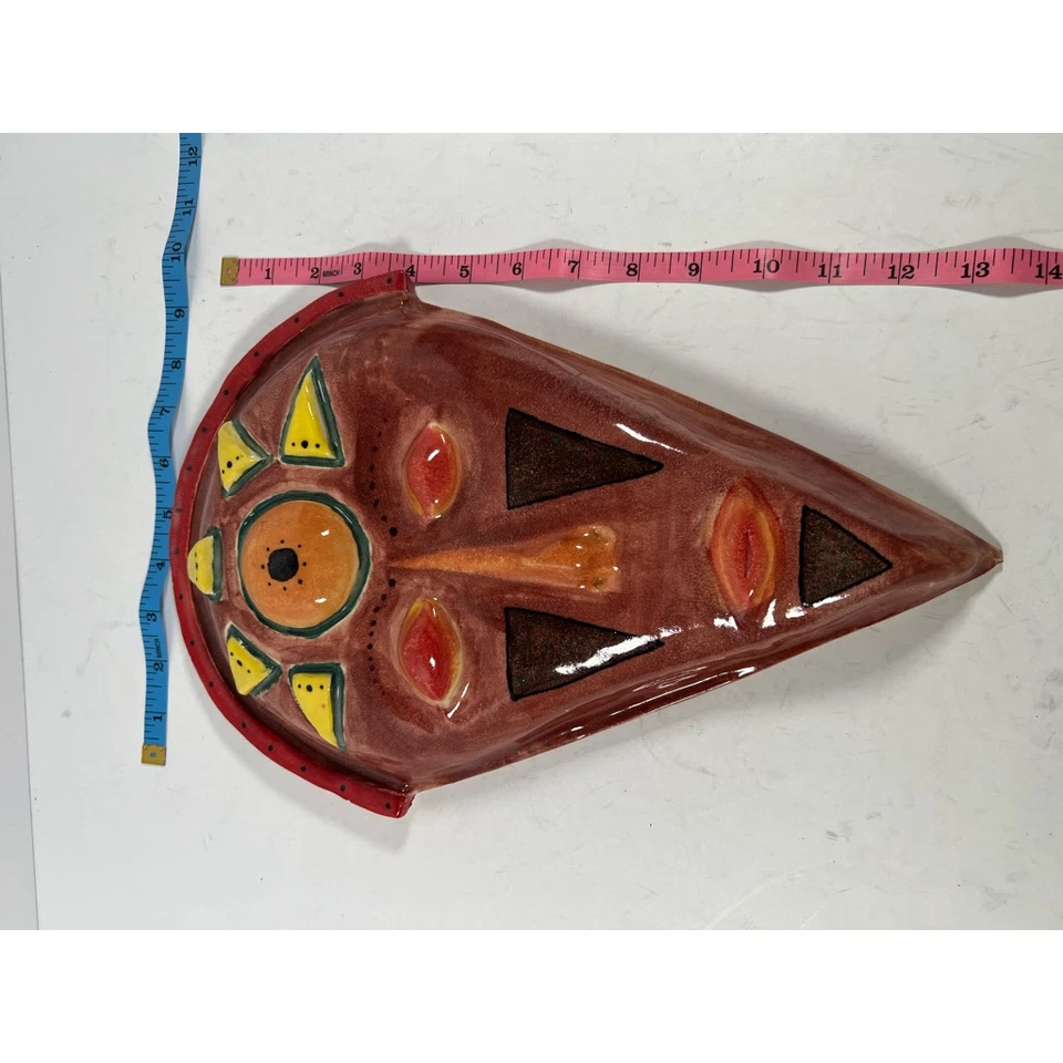 Stylized African Mask Wall Decor Hanging Red Ceramic Clay Glazed 14 In x 10 In - Image 4 of 4