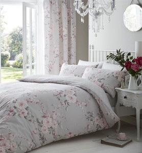 GREY-PINK-ROSE-FLORAL-COTTON-BLEND-KING-SIZE-REVERSIBLE-2-PIECE-BEDDING-SET