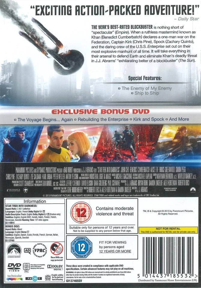 Star Trek Into Darkness (2013) with Bonus DVD, Chris Pine, Zachary Quinto, R 2 - Image 2 of 2