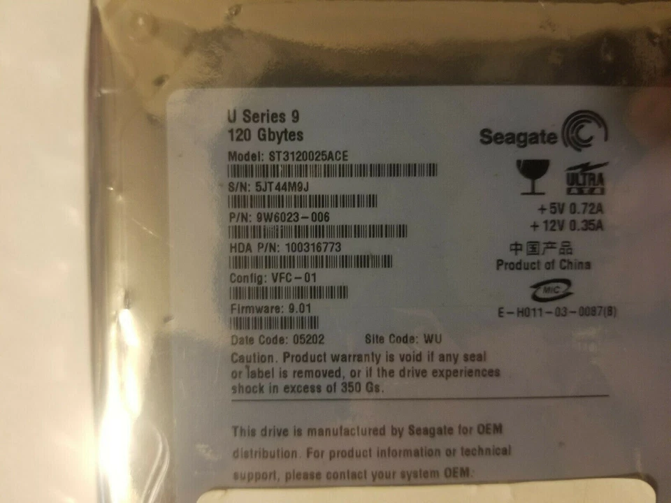 Seagate ST3120025ACE PN: 9W6023-006 FW 9.01 WU 3.5" 120GB HD DC 05202 - Image 2 of 2