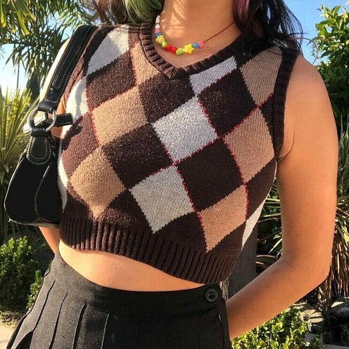 V Neck Argyle Vintage Y2K Crop Sweater 