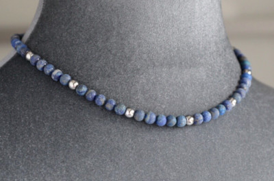 MATTE LAPIS LAZULI & HEMATITE NECKLACE 6MM ROUNDS ~ STERLING SILVER 18''