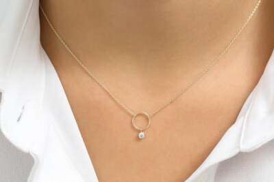 Diamant Hals Kette Collier 1 Brillanten 0,08 ct Karat VS 14K 585 Gold Baumel