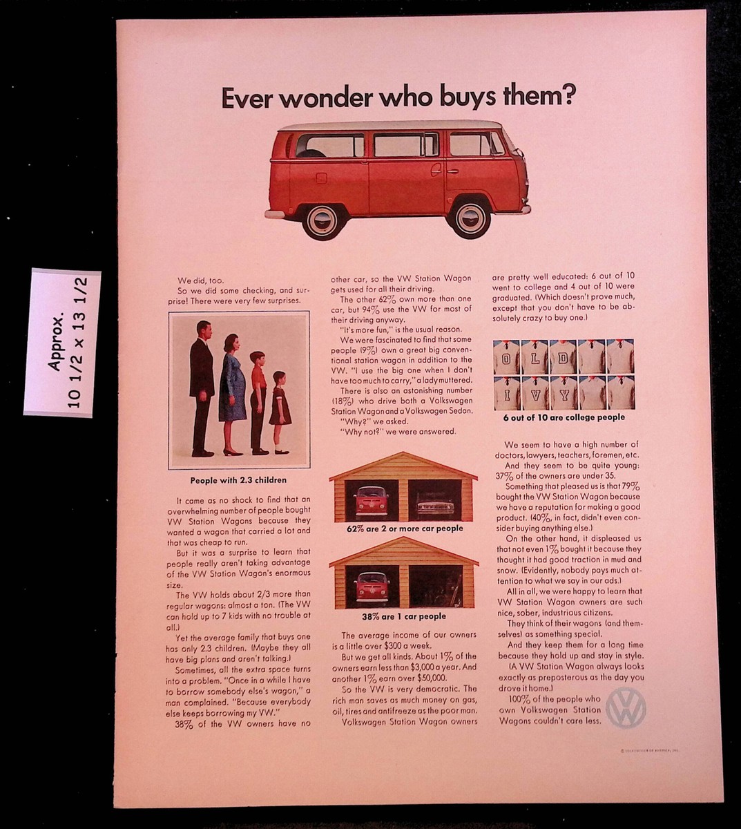 1969 VOLKSWAGEN Who buys them? 6/10 College people, Small Family Print Ad  46407