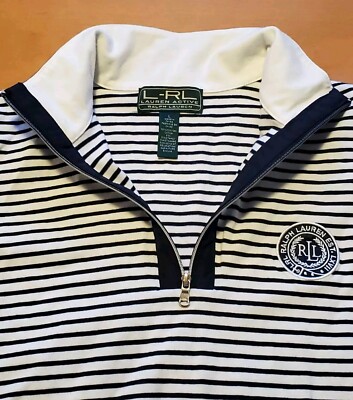 Ralph Lauren Active Women's 1/4 Zip Pullover Striped Navy White Shirt Sz Large