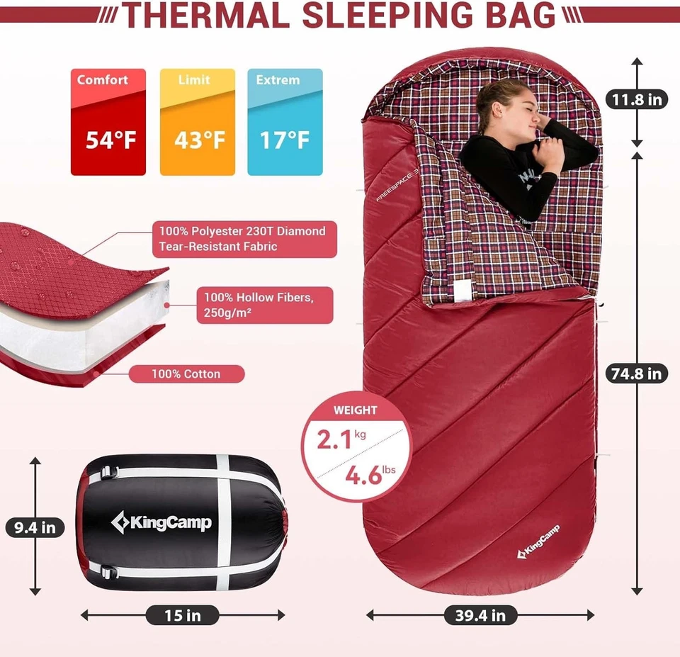 Saco de dormir KingCamp para adultos, clima frio e quente extra largo grande e alto... - Imagem 3 de 4
