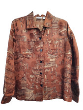 Chico's Silk Blend Brown Embroidered Asian Street Scenes Button-Up Jacket 1 MED