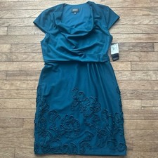 Adrianna Papell Teal Embossed Floral Pattern Dress Size 14 Petite Formal Elegant