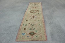 Vintage Turkish Rug, Runner 2,9x10,1 ft (87x308 cm) Rug, Green Oriental Wool Rug