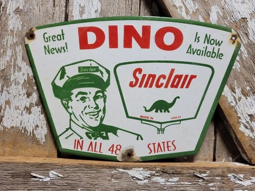 VINTAGE SINCLAIR PORCELAIN SIGN OLD 1957 GASOLINE MOTOR OIL DINO GAS PUMP PLATE