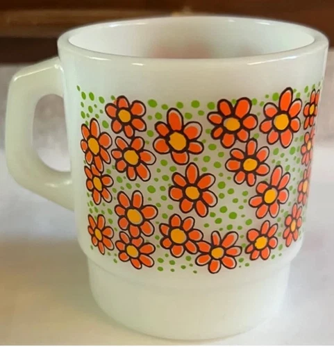 Fire King Anchor Hocking Rare Orange Green Tiny Daisies Flowers Mug