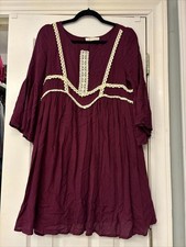 Entro Top Womens Small Wine Purple Pullover Babydoll Tunic 3/4 Bell Sleeve Lace