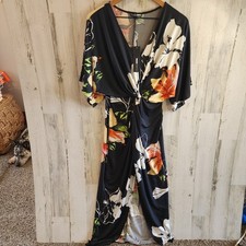 Fashion Nova Womens Maxi dress S Small Black Floral Wrap Split Short Sleeve