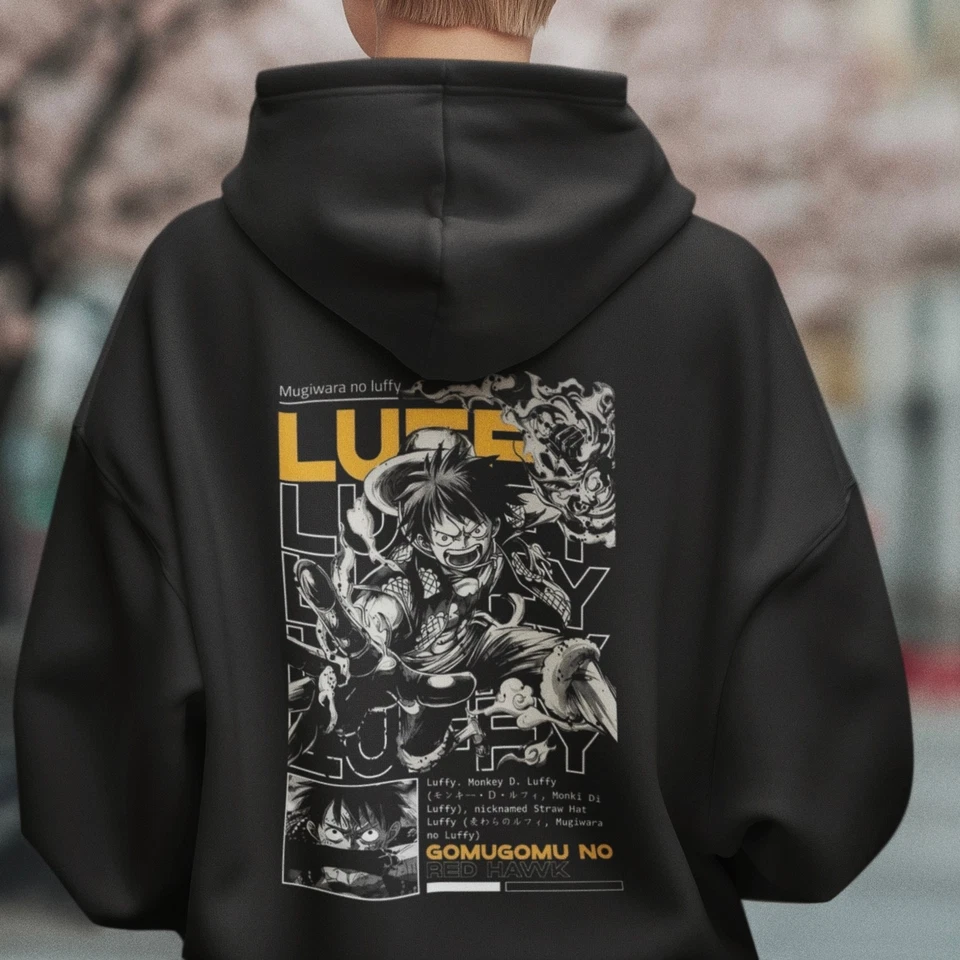 Sudadera con Capucha One Piece Luffy Anime Cómic Gráfico Estampado Trasero Unisex Pullover Negro Foto 2 de 4