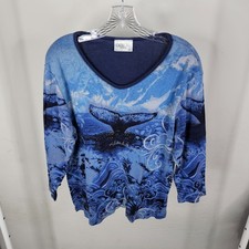 Cactus Bay Shirt Top Womens 2XL Blue Whale 3/4 Sleeve Cotton USA Made