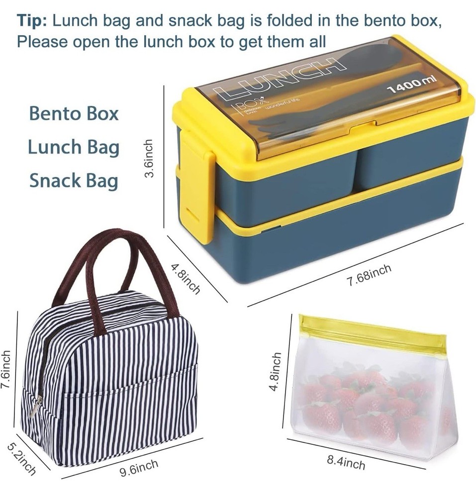 Stackable 3-Compartment Bento Lunch Box for Kids and Adults