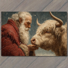 ART CARD Santa Feeding Highland Cow Rustic Christmas Winter Farm Holiday Kindne