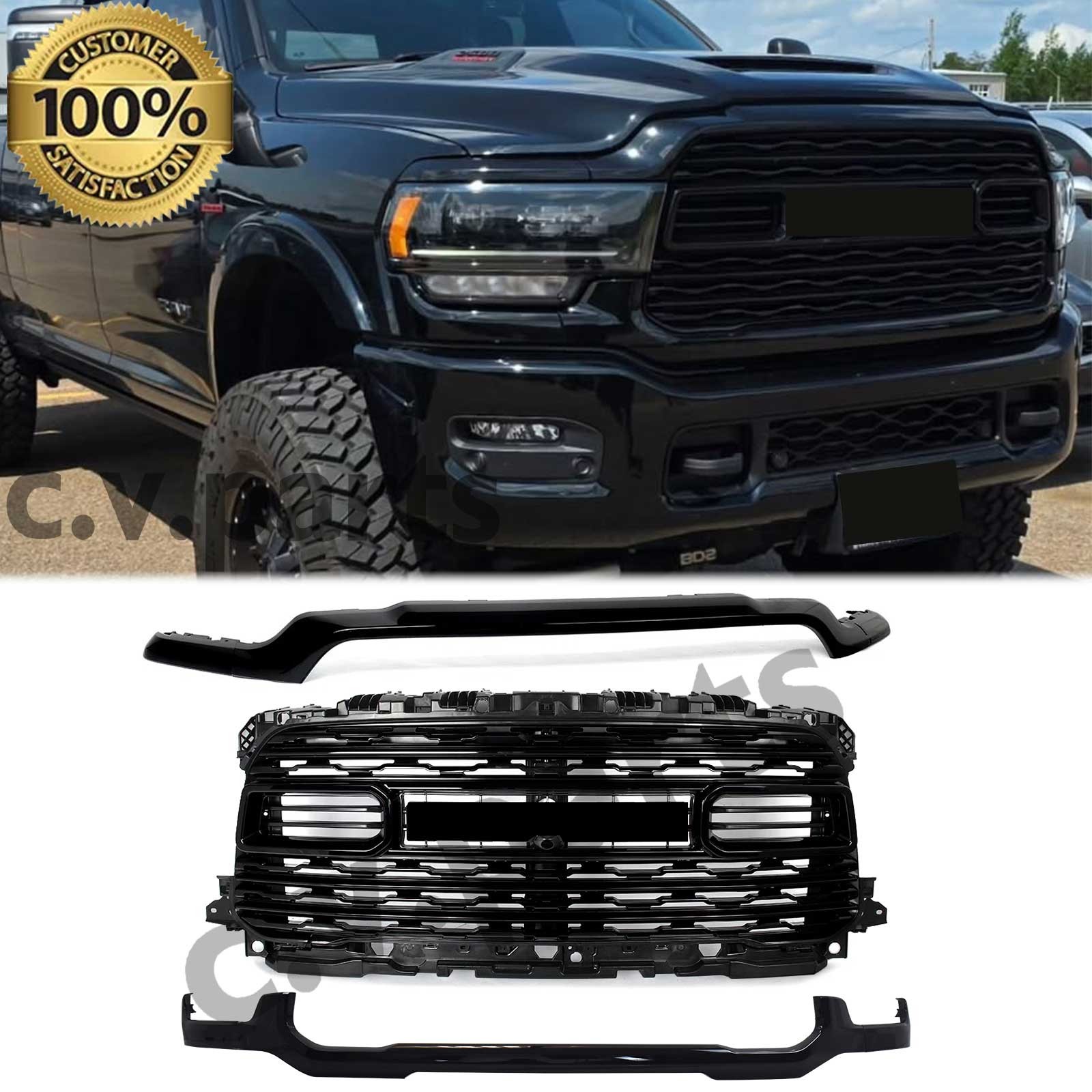 Fits 2019-2024 RAM 2500 3500 Gloss Black Front Grille Upper+lower Molding Trim