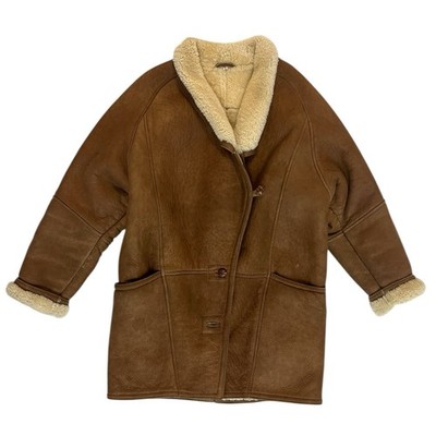 VTG 80s Patmos Collared Shearling Leather Coat Parka Jacket Button Women s M
