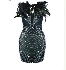 NWT Black Mesh Embellished Pearl  Rhinestone Party Dress By NIKBK Sz-XL