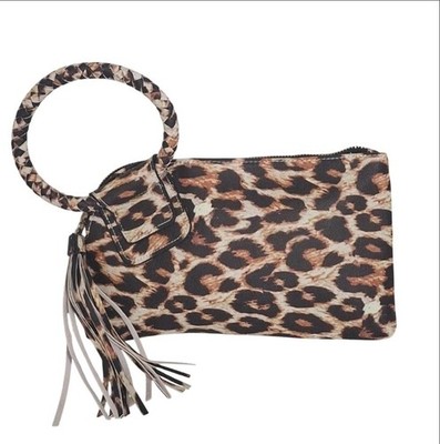 NGIL Leopard Print Faux Leather Bangle Clutch With Tassel Zipper Large Wristlet