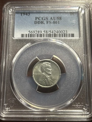 1943 1c Lincoln Steel Wheat Cent PCGS AU 58 DDR FS-801