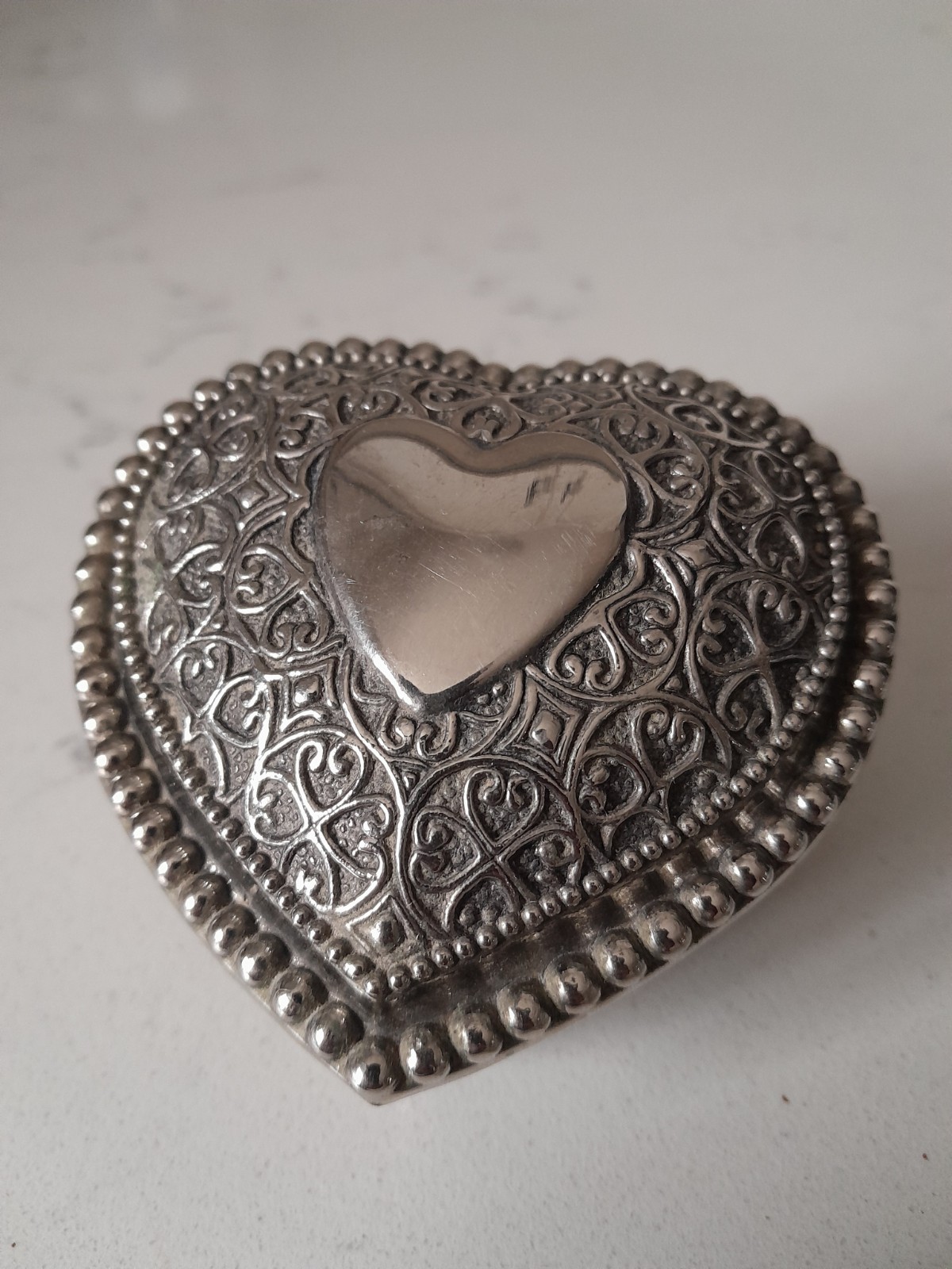 Vintage Silverplated Ornate Heart Shaped Trinket Box Purple Velvet Lined