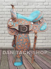 Western Barrel Saddle, Turquoise Color Trail Horse Saddle Free Shipping with Set