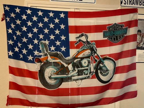 VINTAGE 1990'S HARLEY DAVIDSON, SOFTAIL/AMERICAN FLAG 52"W X 37" H