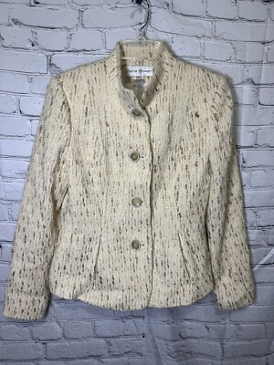 Rena Rowan Jacket Women Cream Tweed Wool Blend Big Button Long Sz 6 -Z2